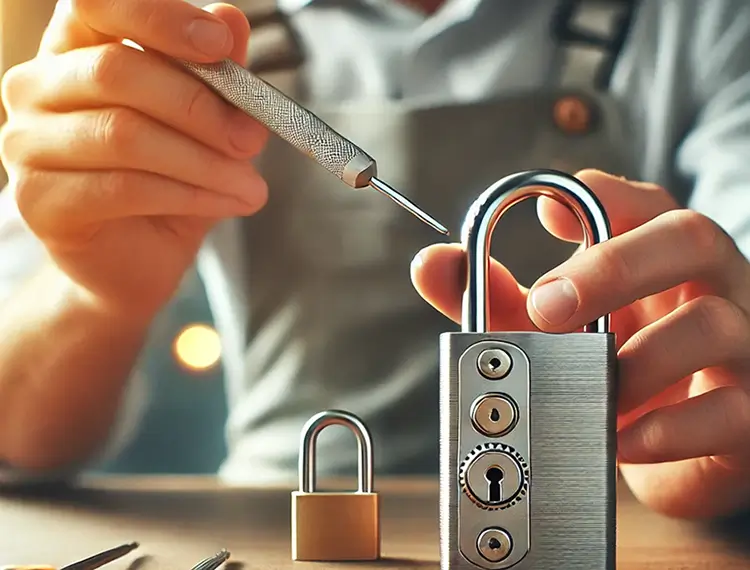  A professional locksmith working on a lock, with a promotional advertisement displaying various discount offers for locksmith services
