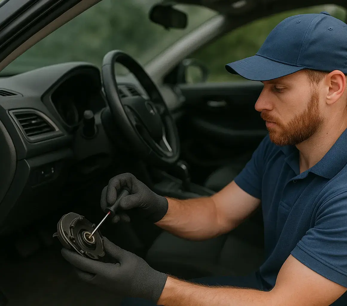 Locksmith in blue uniform repairing a car ignition system beside an open car door
