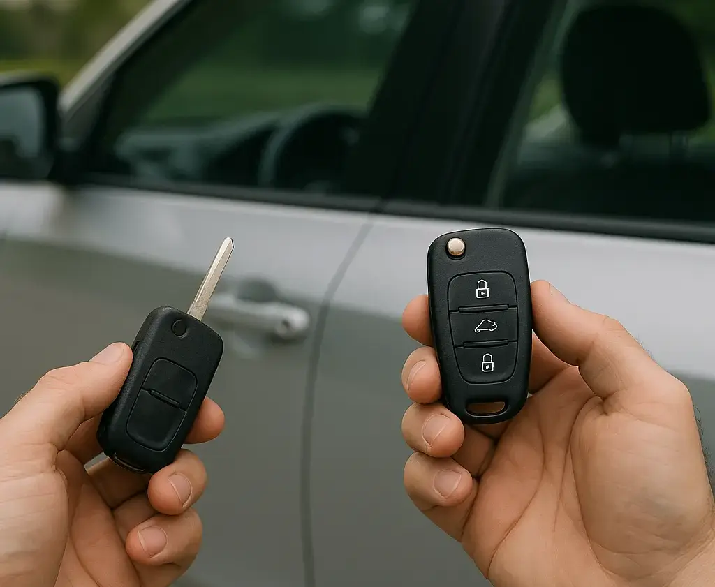   Hands holding an old and a new car key fob in front of a silver vehicle, illustrating key fob replacement process.