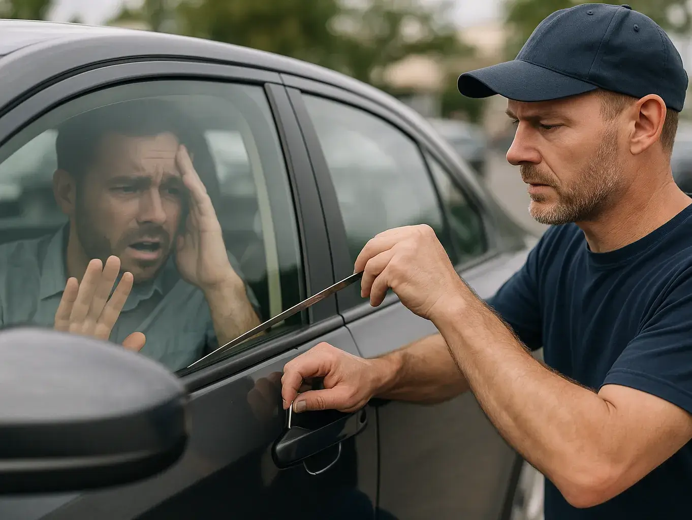  Focused locksmith using a slim tool to unlock a gray car while a worried man is trapped inside, looking out the window for help.