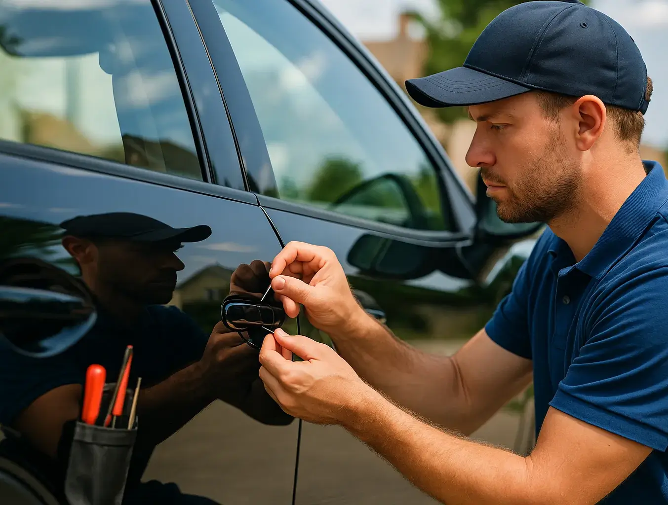 Professional locksmith unlocking a black sedan with tools during daytime, representing fast and reliable automotive locksmith services in San Marcos TX.