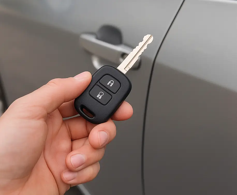  A close-up of a hand holding a car key with black casing and two buttons near the door of a silver car