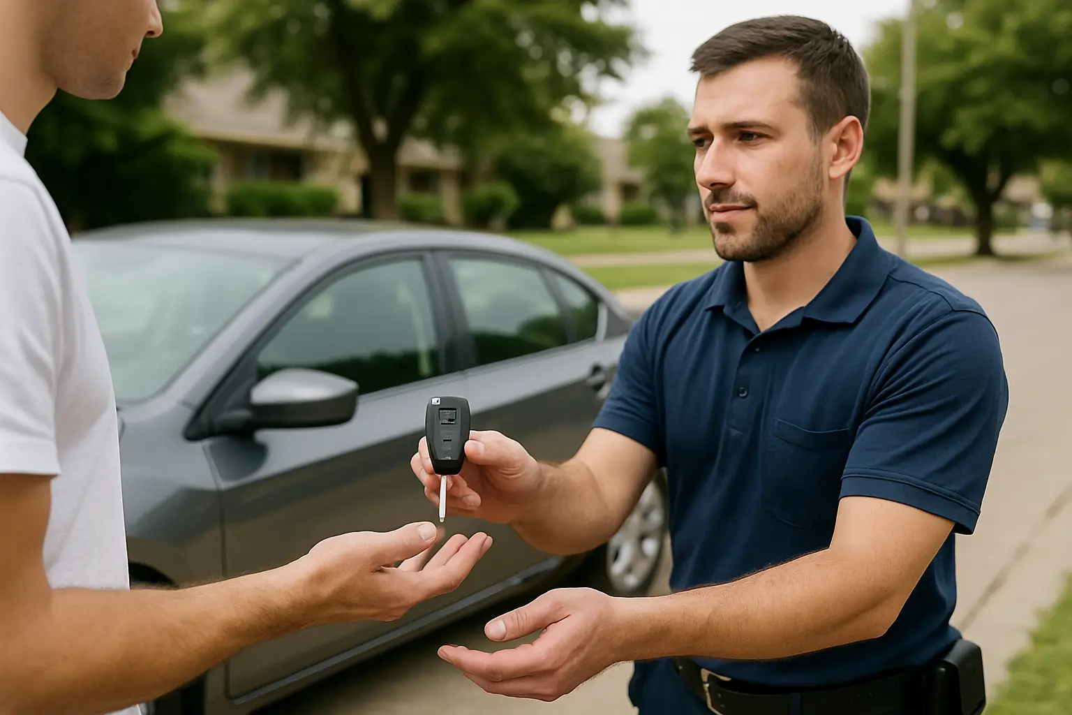  A locksmith handing a replacement car key to a customer outside a gray sedan during daylight in a suburban setting