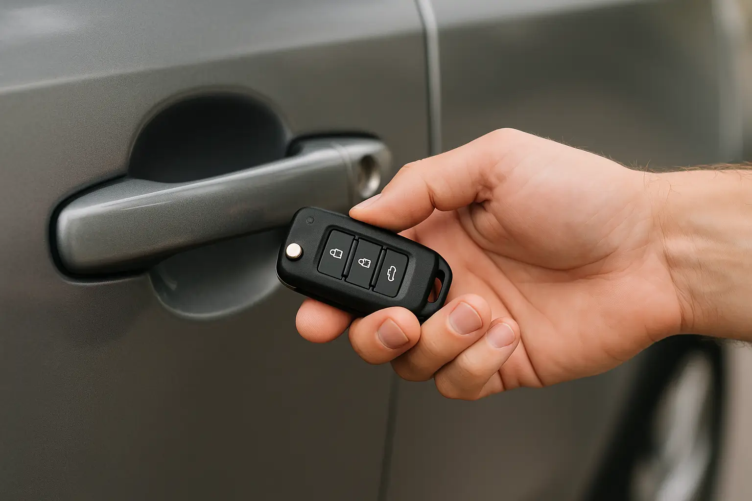  A close-up of hands holding and inserting a black keyless entry fob near the door handle of a gray vehicle