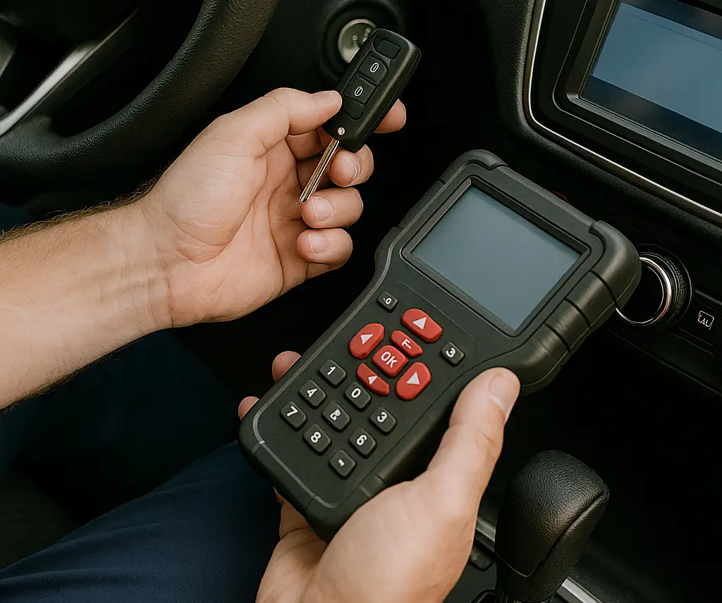 A technician holding a car transponder key and diagnostic programming device inside a vehicle during daylight