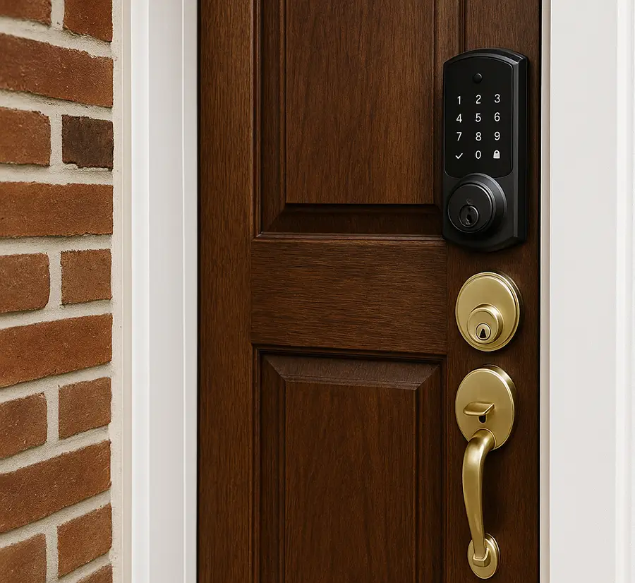  A rich wooden front door featuring a smart lock with keypad and a brass deadbolt, framed by white trim and brickwork