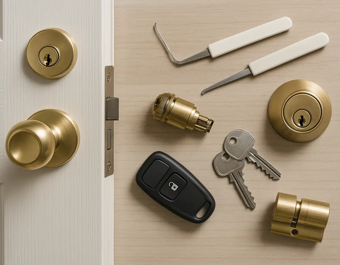 A white door with brass knob and deadbolt next to locksmith tools, spare keys, and lock components on a wooden surface