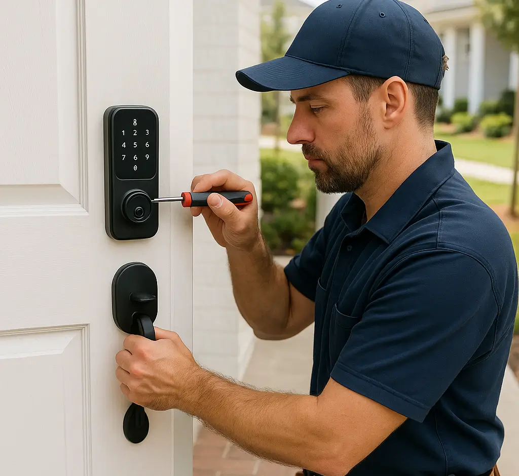  A locksmith installs a black smart lock with keypad on a white front door, kneeling with tools during daylight 