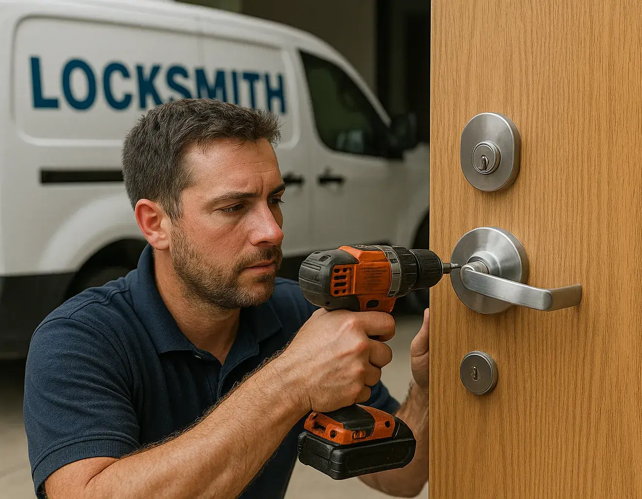  A focused locksmith using a power drill to install a stainless steel lock on a wooden commercial door, with a white locksmith van in the background 