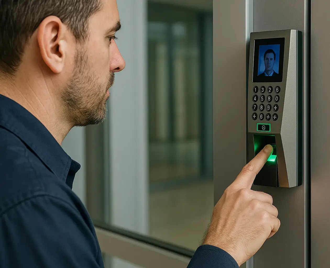  A technician scanning his fingerprint on a biometric access control system installed on a modern glass office door.