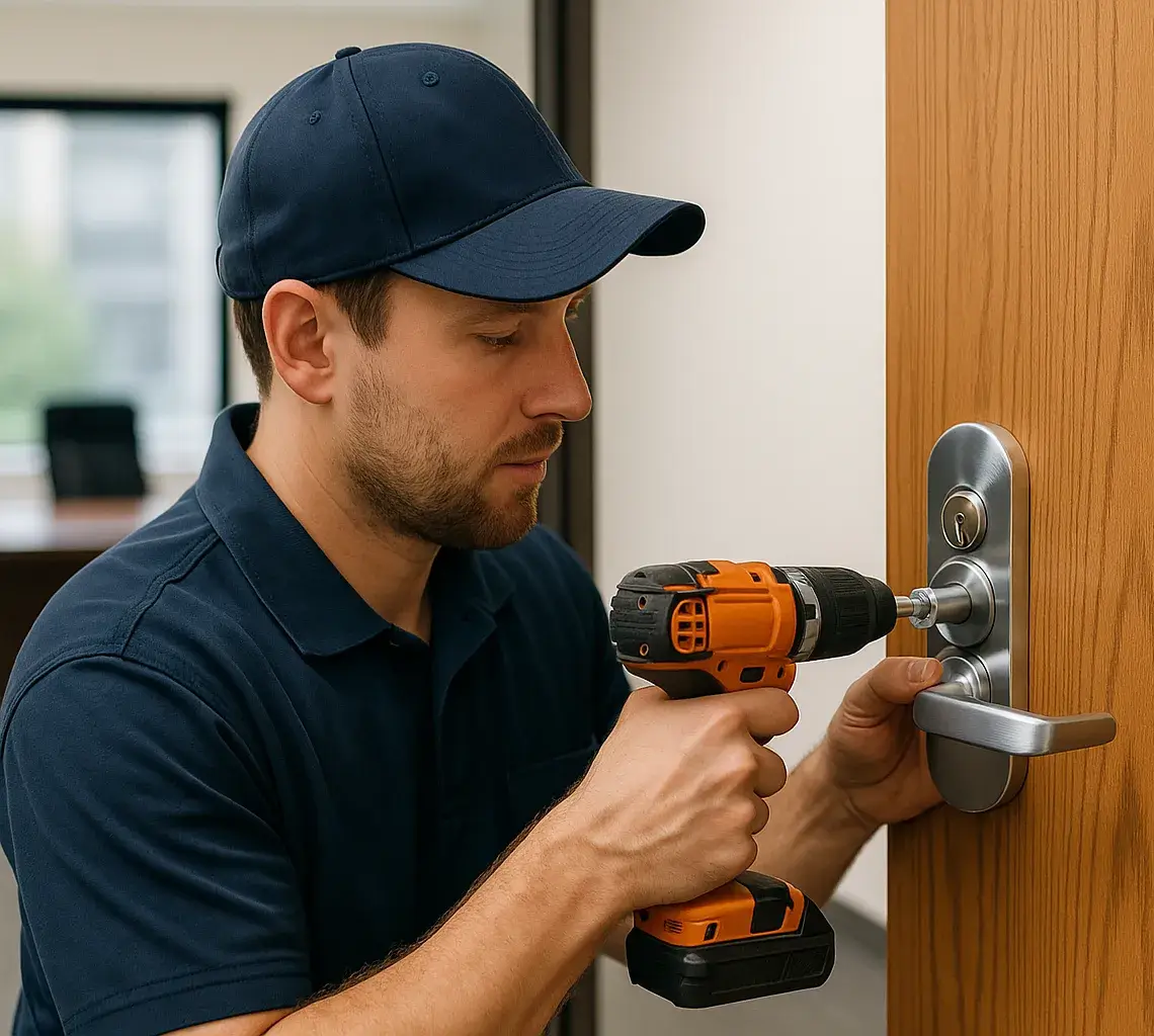 A professional locksmith using a power drill to install a silver commercial door lock on a wooden office door