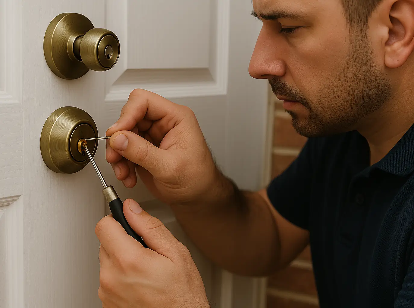  A locksmith carefully extracts a key fragment from a brass deadbolt using a precision tool on a white door, shown in close-up