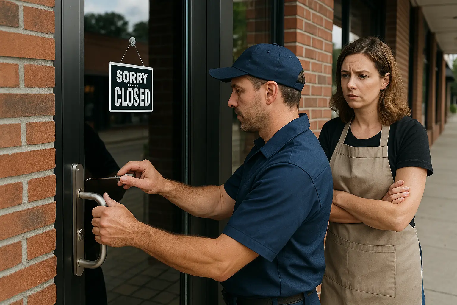   A locksmith unlocking a glass door while a concerned store employee watches, outside a brick-front retail shop 