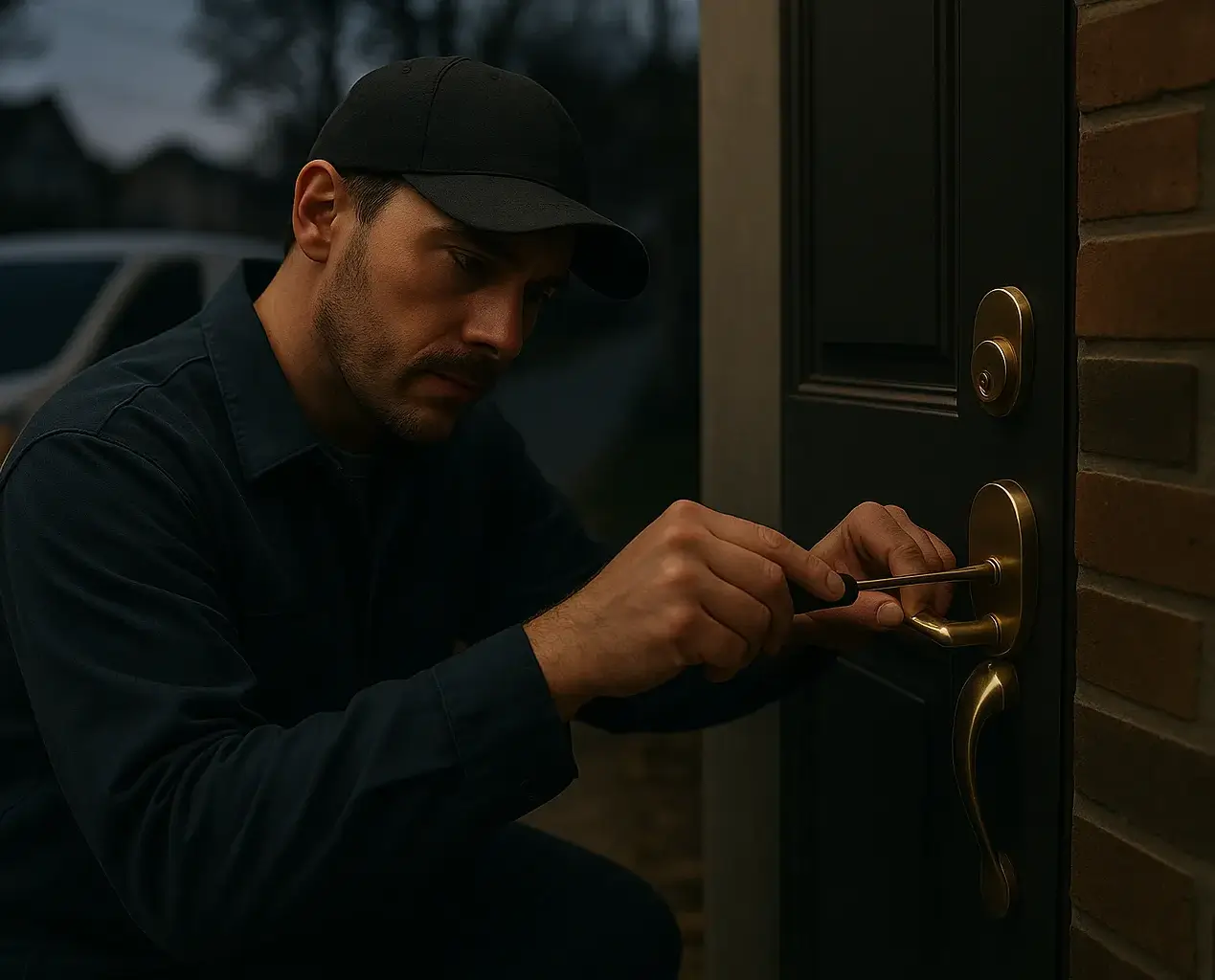  A professional locksmith working on a front door lock at night illuminated by a van's headlights, showcasing emergency locksmith services.