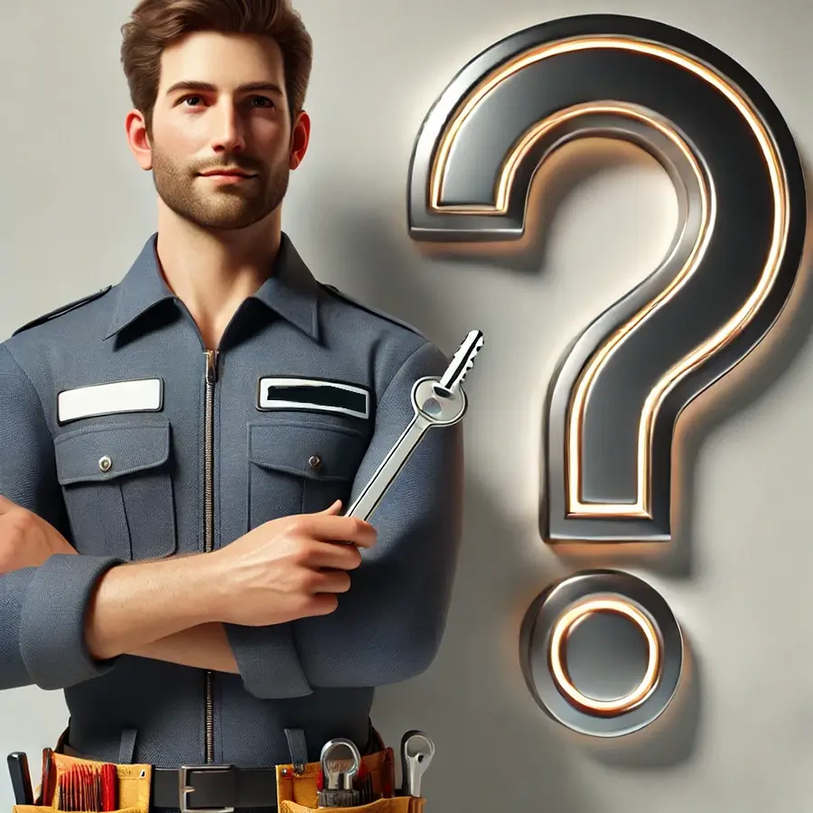A locksmith in uniform holding a key, standing against a plain gray background.