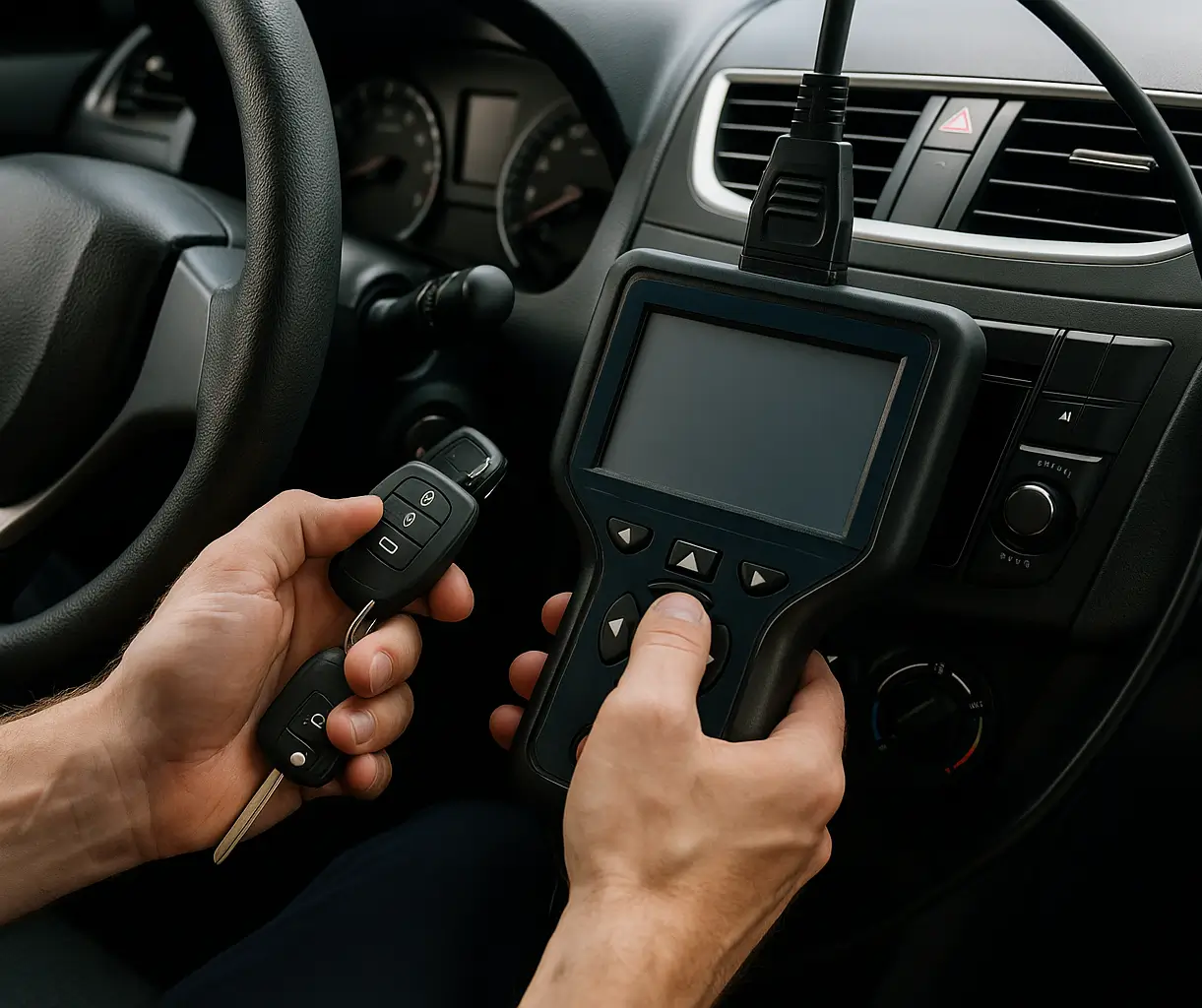  Locksmith programming a transponder ignition key with a handheld device next to a car in San Marcos