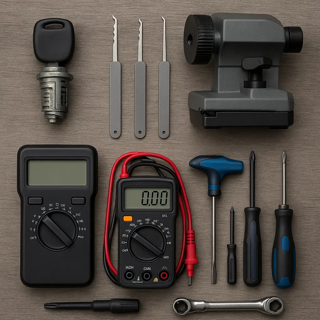 Locksmith using advanced tools to repair a car ignition system in San Marcos, including key cutting and diagnostic equipment