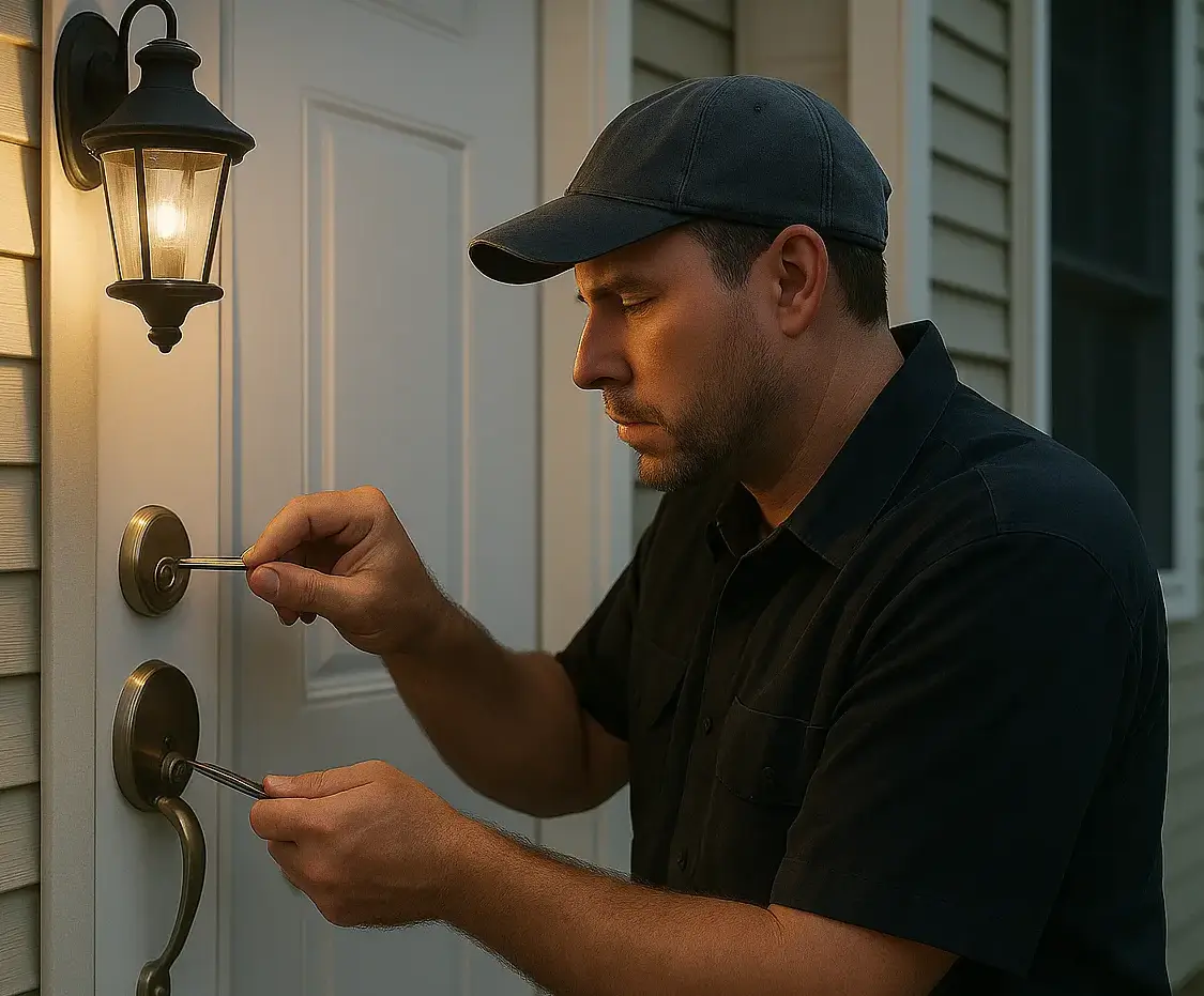 Emergency locksmith in San Marcos unlocking a front door at night using professional tools