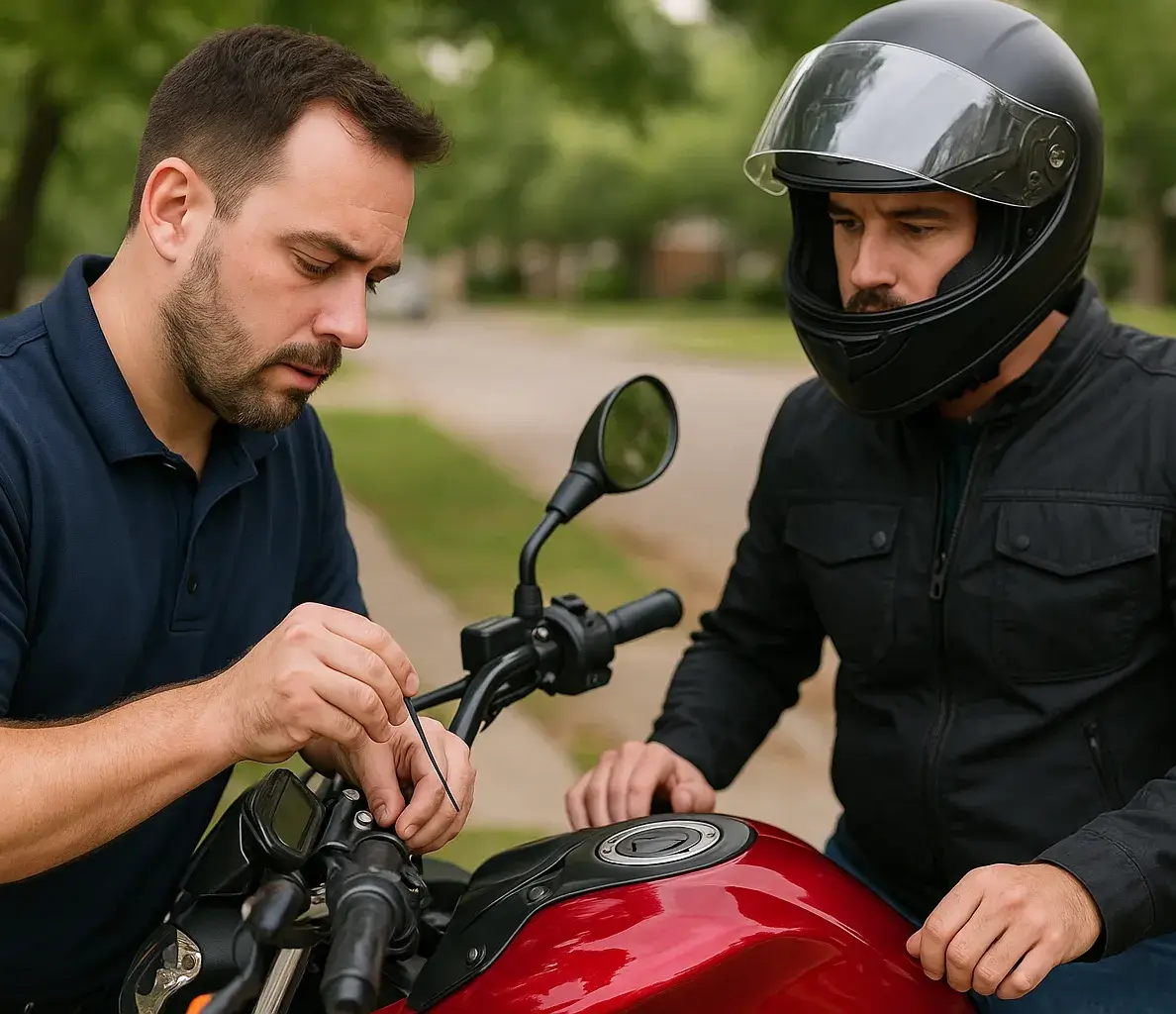 Mobile locksmith unlocking a motorcycle in San Marcos using specialized tools for non-destructive entry