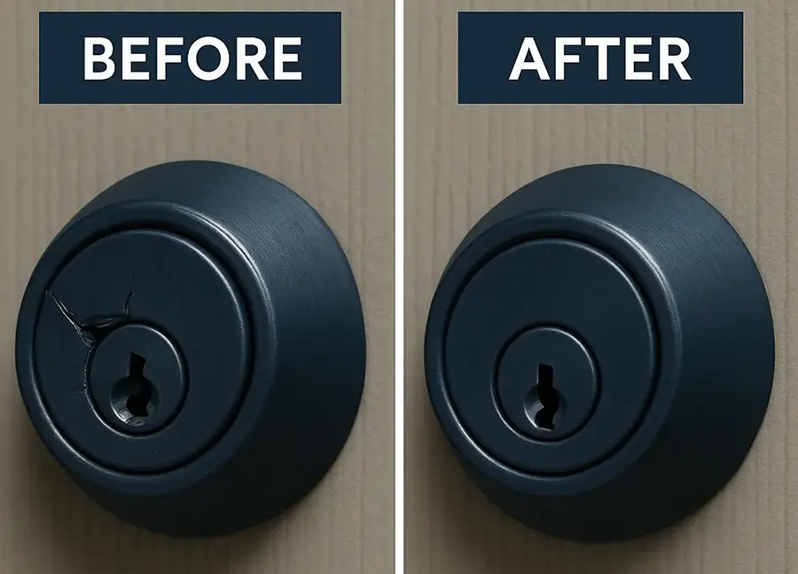 Before and After view of navy blue deadbolt lock replacement showing damaged and brand-new locks