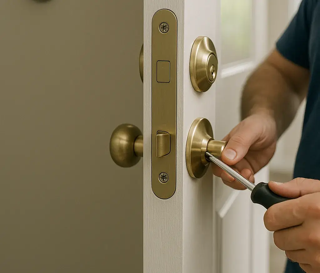 A locksmith installing a brass door lock on a white residential door using a screwdriver