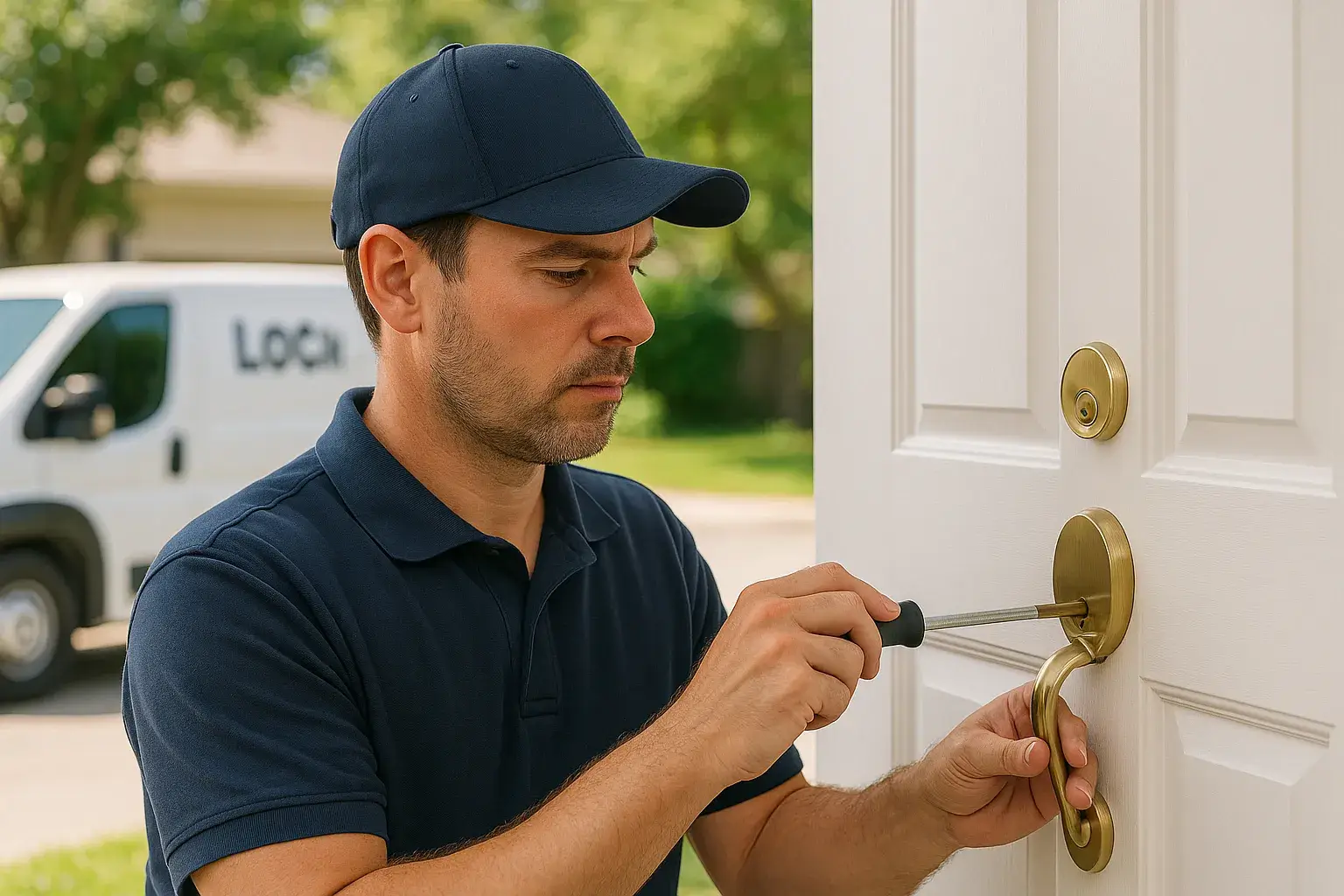 A mobile locksmith in a navy uniform installing a brass lock on a white residential door, with a locksmith van in the background