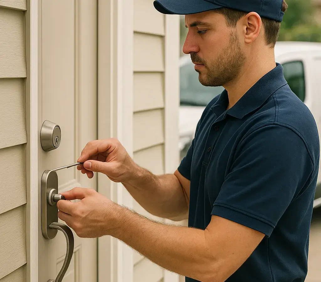 A locksmith using a red-handled screwdriver and key to rekey a brass deadbolt lock on a white residential door.