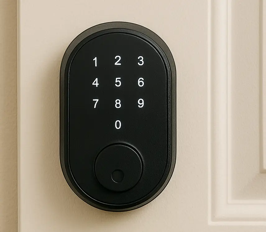 A close-up view of a black smart lock with illuminated keypad installed above a brass handle on a white residential door.